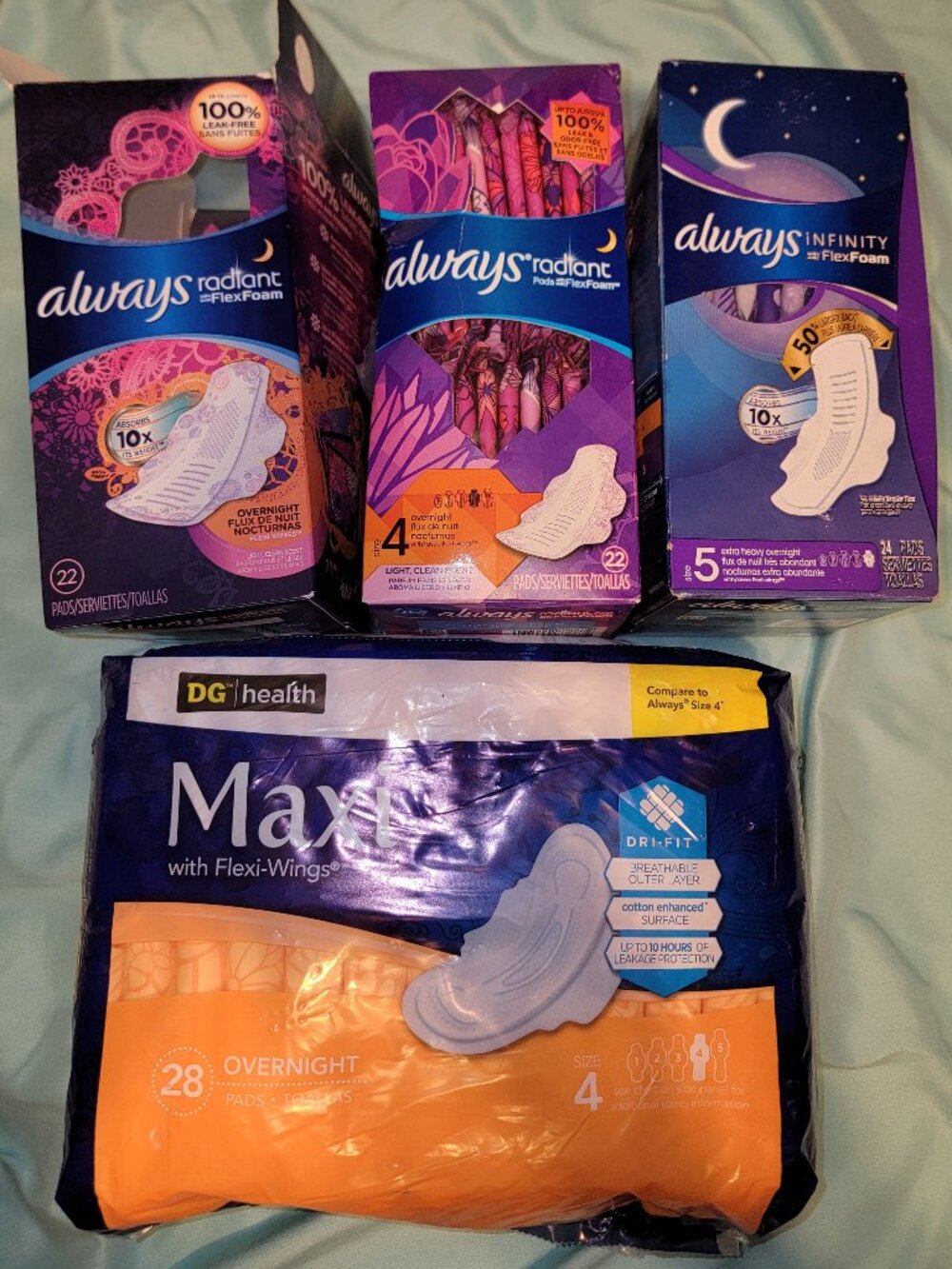 3 Boxes Always Radiant Infinity Pads w/Wings Size 4 And 5 Overnight + DG Maxi